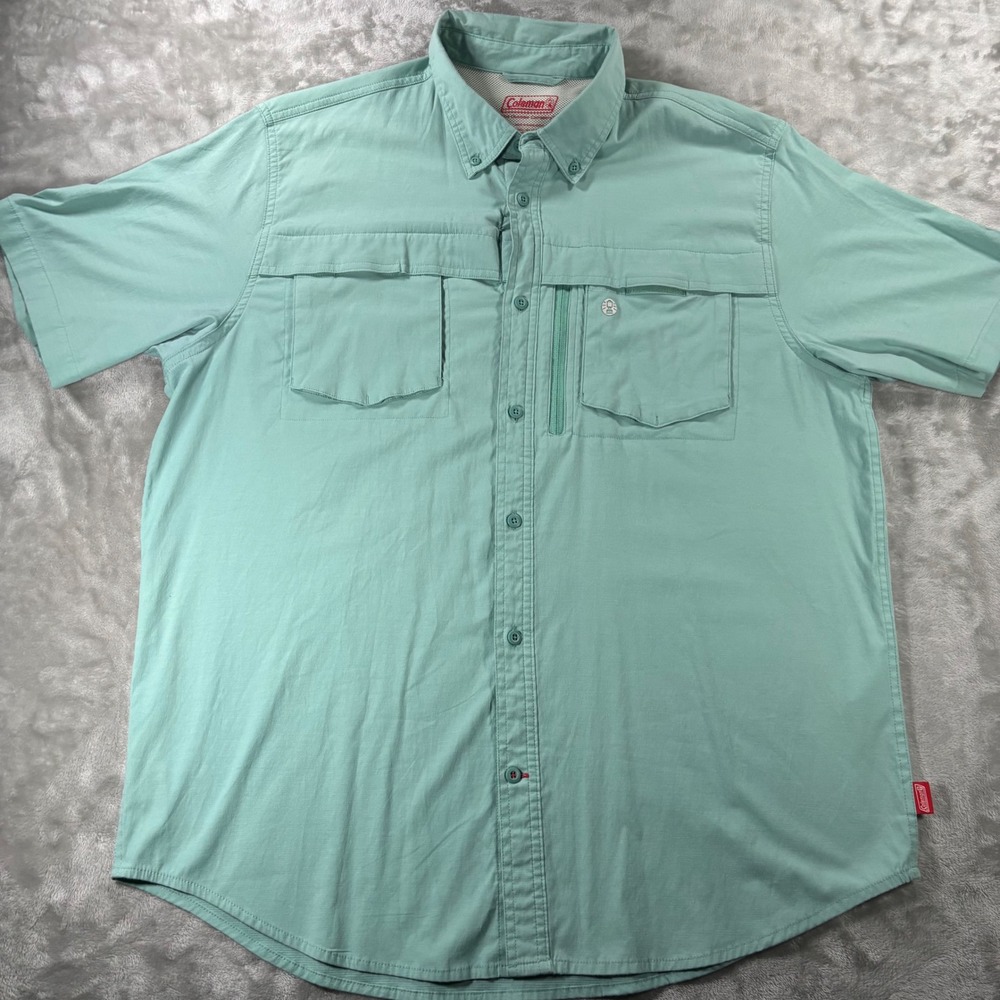 Coleman Mens XL Mint Green Short Sleeve Fishing Shirt Vented Button Down Pockets